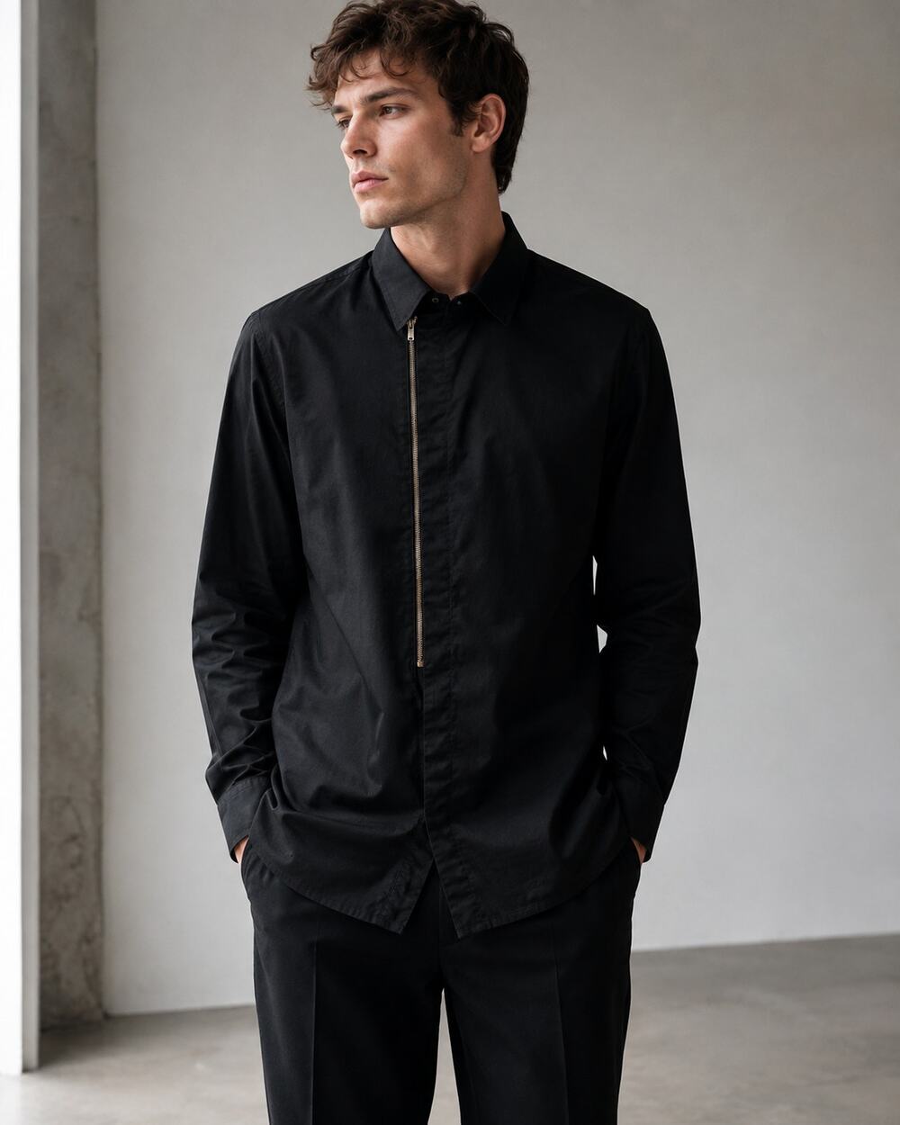 D.KNAK Men's SZ 50 M/L Black Asymmetrical Zip & Button Front 100% Cotton Shirt